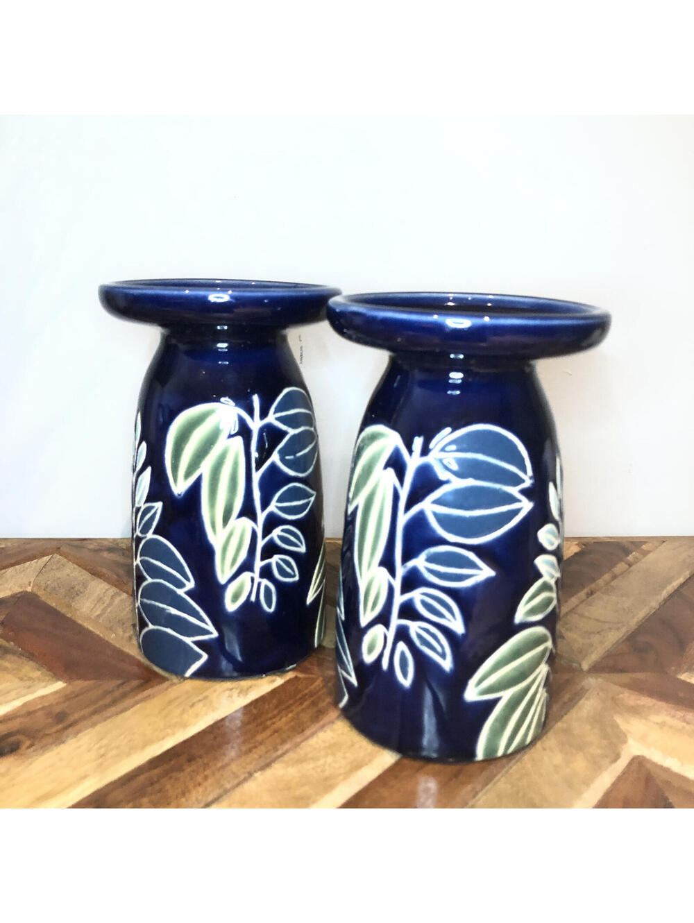 Pair Cobalt Blue Ceramic Candle Holders Botanical Leaf Design Stoneware Pillars